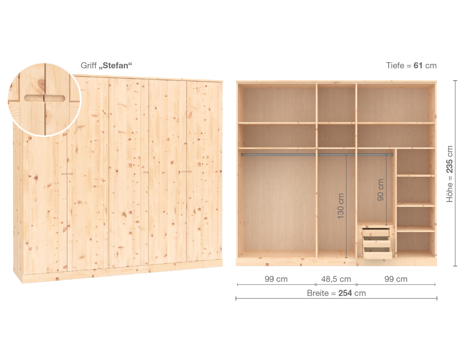 Zirbenschrank „Arnika“, 5-türig, Höhe 235 ​cm, Griffausführung „Stefan“, Inneneinrichtung D