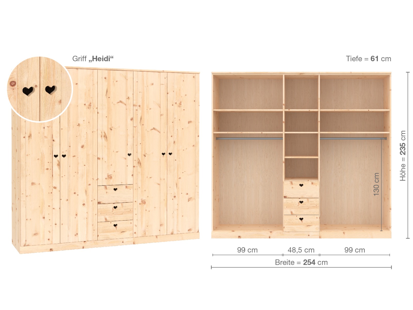 Zirbenschrank „Arnika“, 5-türig, Höhe 235 ​cm, Griffausführung „Heidi“, Inneneinrichtung  E