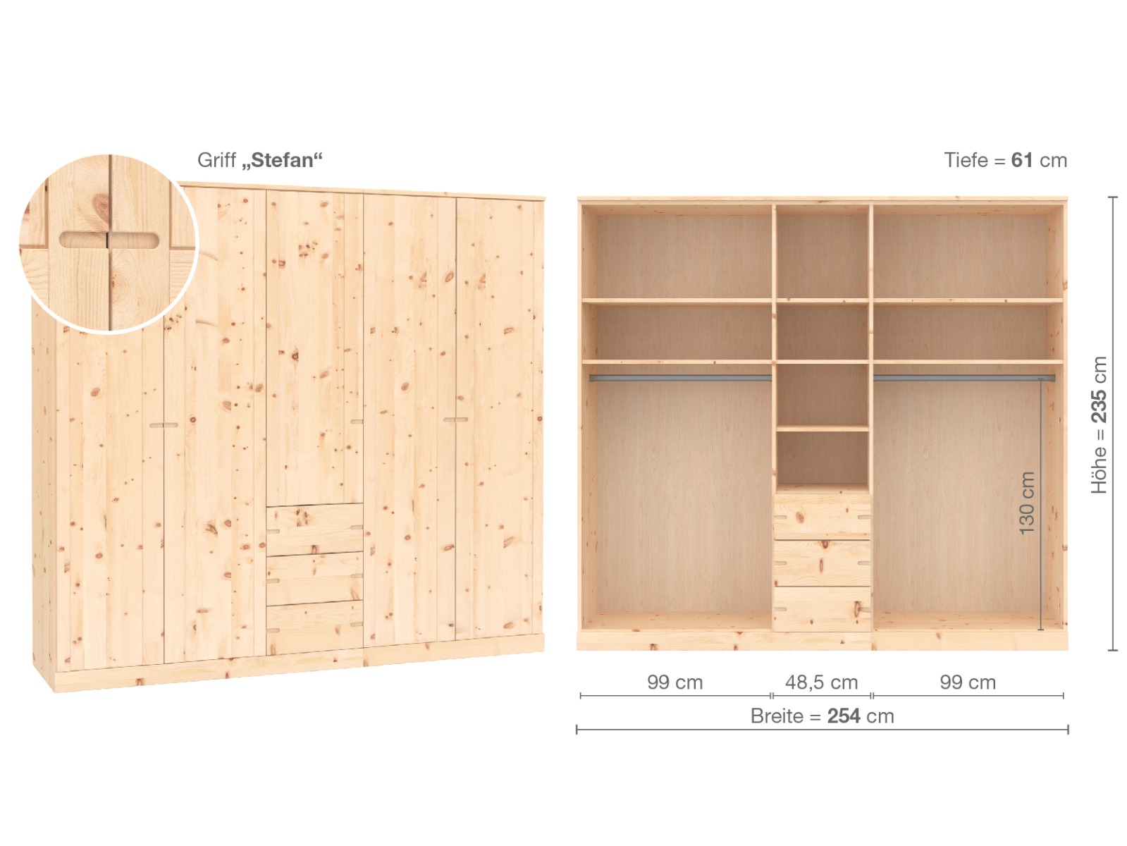 Zirbenschrank „Arnika“, 5-türig, Höhe 235 ​cm, Griffausführung „Stefan“, Inneneinrichtung E