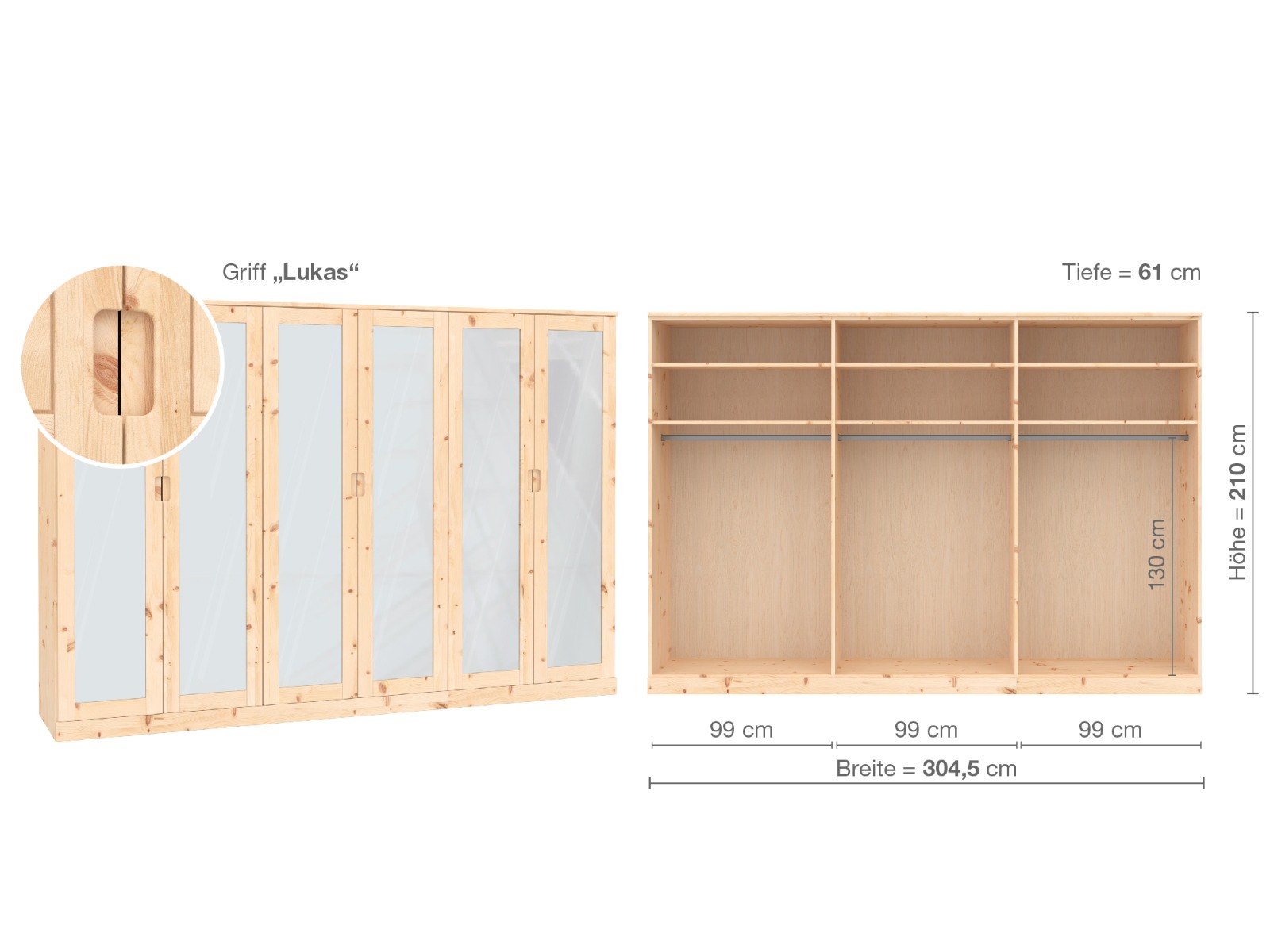 Zirbenschrank „Alpenrose“, 6-türig, Höhe 210 cm, Griffausführung „Lukas“, Inneneinrichtung  A