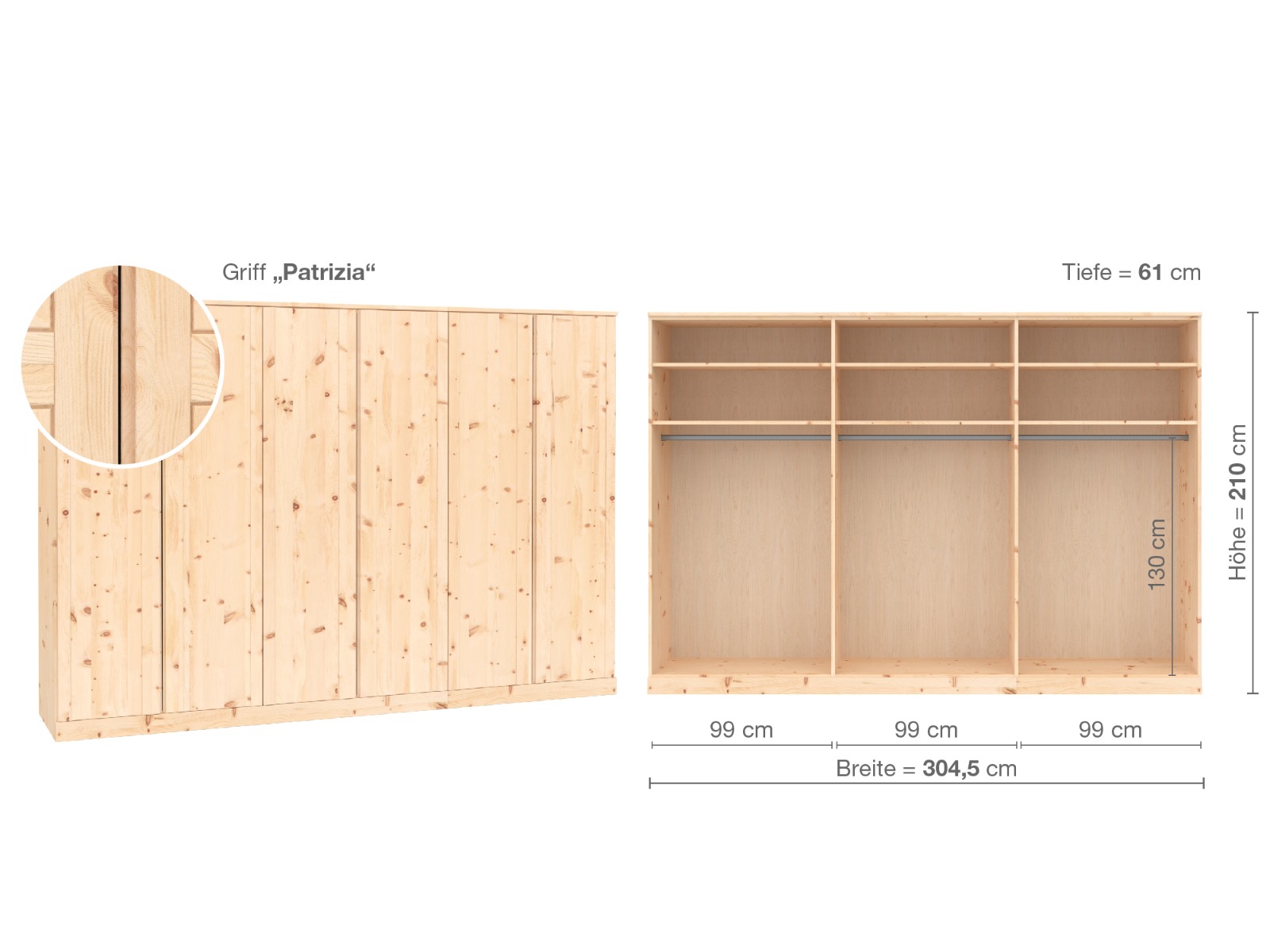 Zirbenschrank „Arnika“, 6-türig, Höhe 210 cm, Griffausführung „Patrizia“, Inneneinrichtung A