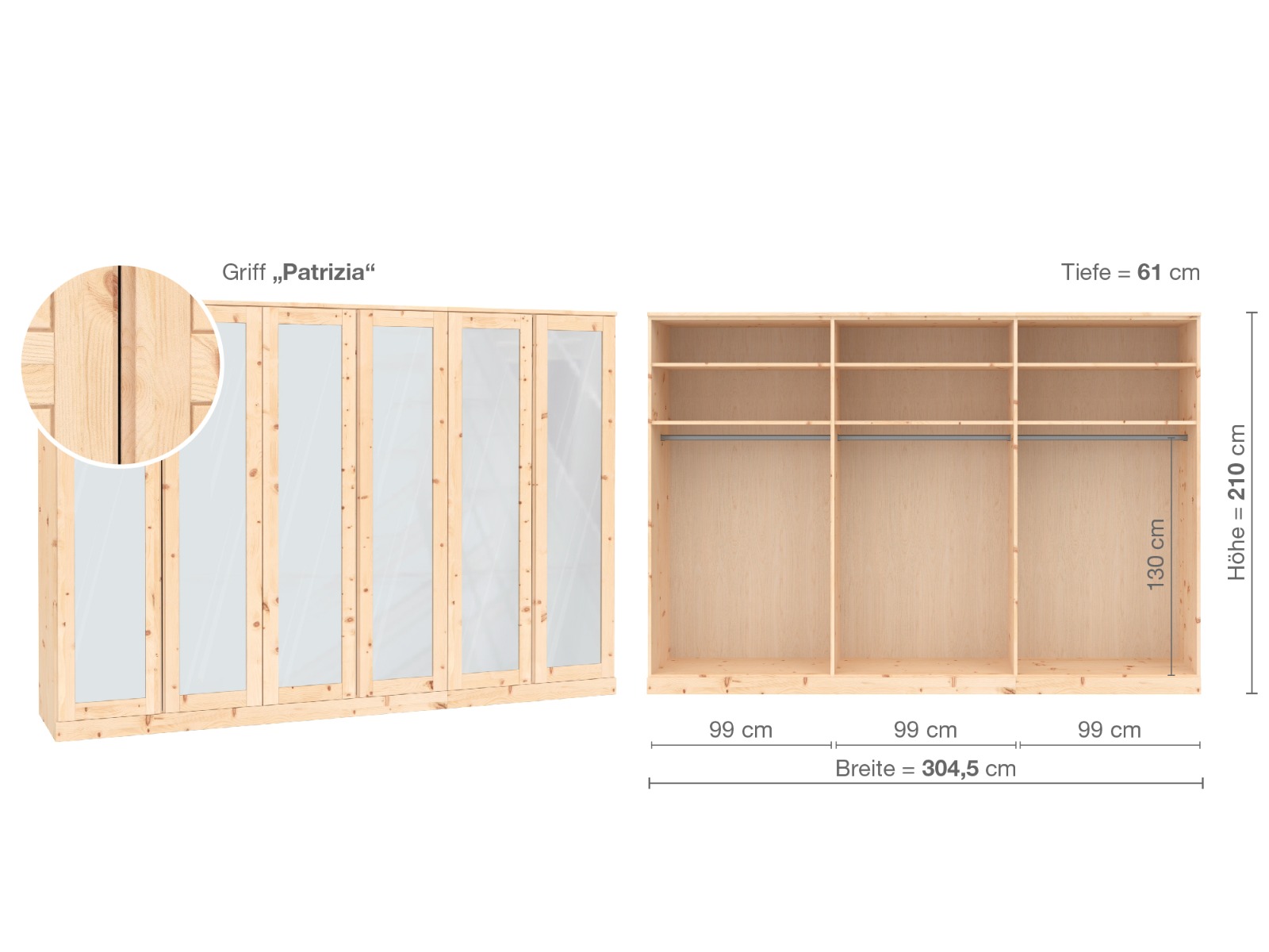 Zirbenschrank „Alpenrose“, 6-türig, Höhe 210 cm, Griffausführung „Patrizia“, Inneneinrichtung  A