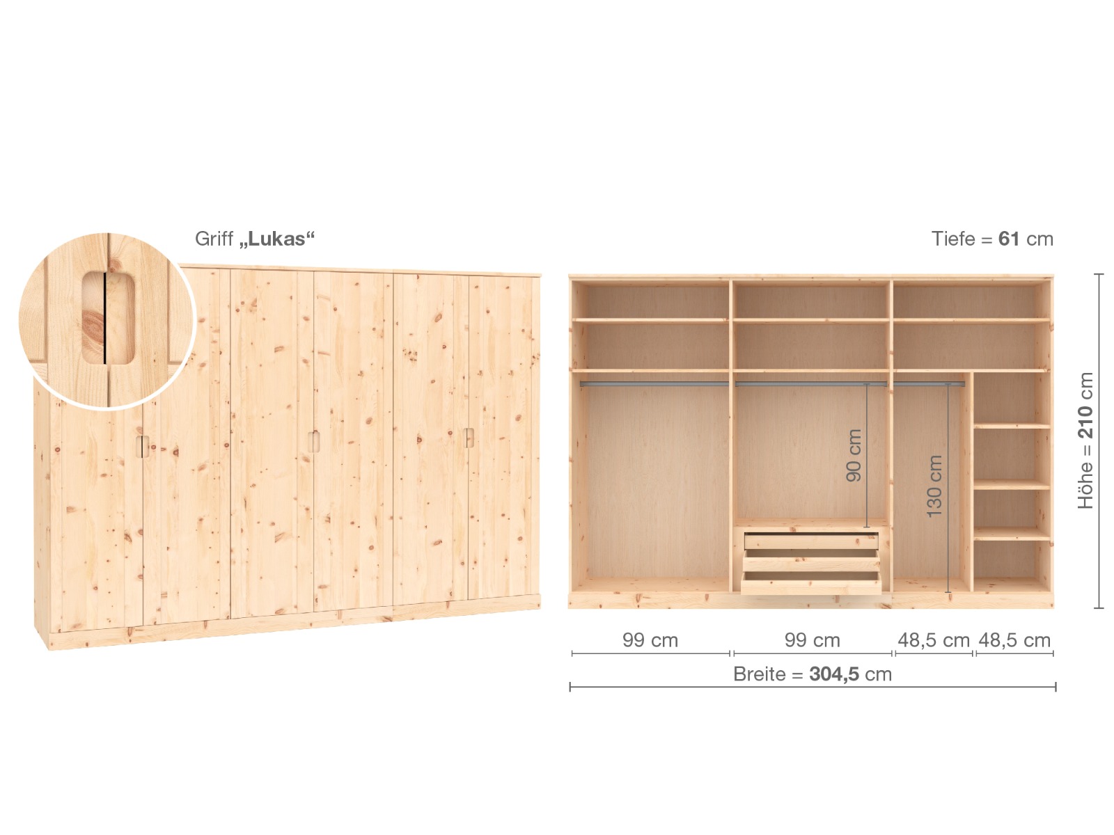 Zirbenschrank „Arnika“, 6-türig, Höhe 210 cm, Griffausführung „Lukas“, Inneneinrichtung B