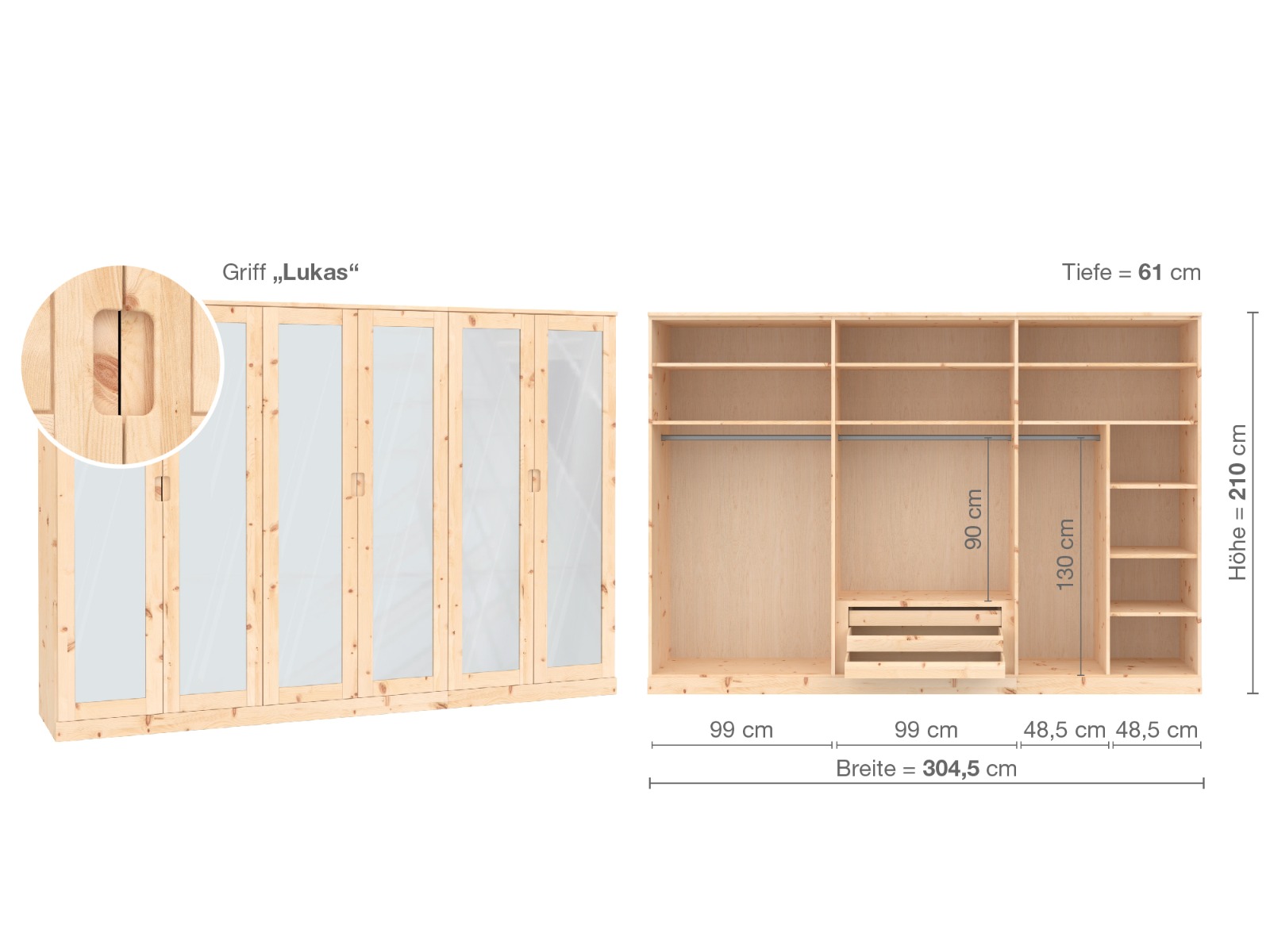 Zirbenschrank „Alpenrose“, 6-türig, Höhe 210 cm, Griffausführung „Lukas“, Inneneinrichtung  B