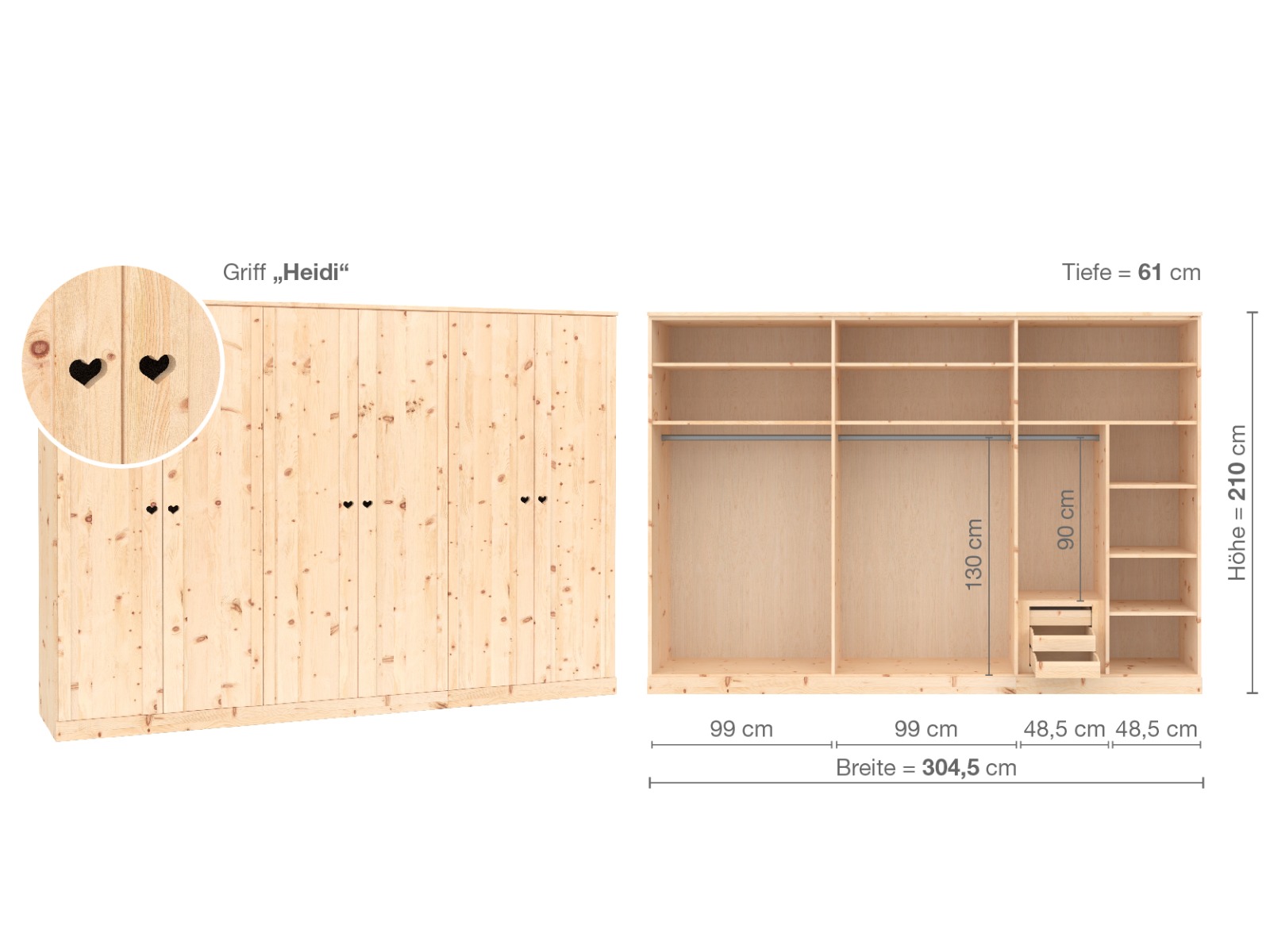 Zirbenschrank „Arnika“, 6-türig, Höhe 210 cm, Griffausführung „Heidi“, Inneneinrichtung C