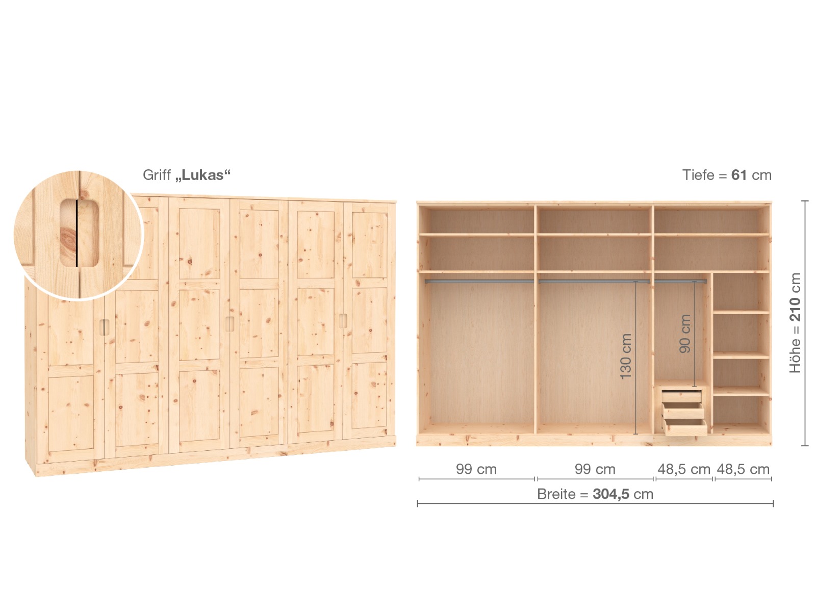 Zirbenschrank „Enzian“, 6-türig, Höhe 210 cm, Griffausführung „Lukas“, Inneneinrichtung C