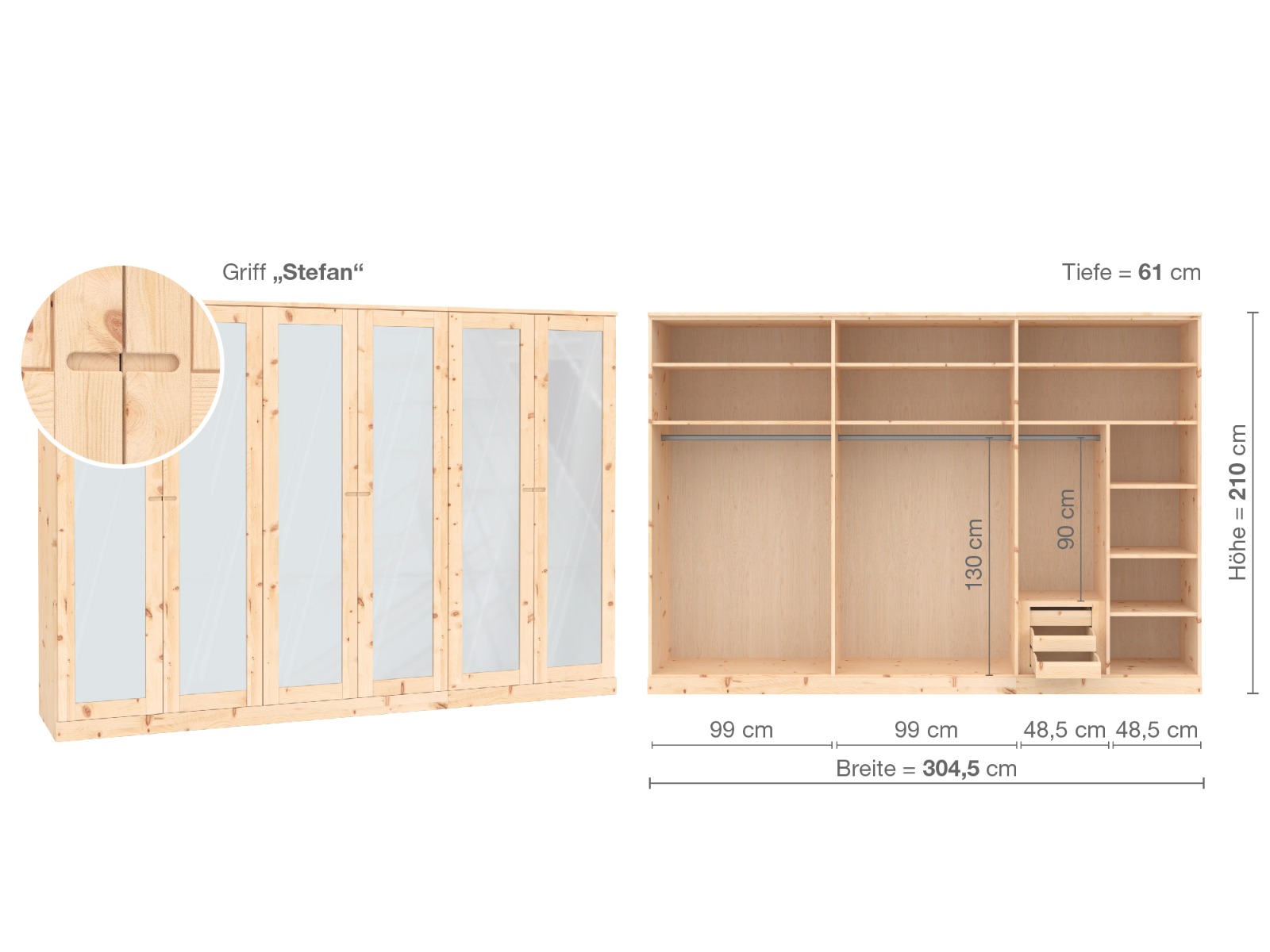 Zirbenschrank „Alpenrose“, 6-türig, Höhe 210 cm, Griffausführung „Stefan“, Inneneinrichtung  C
