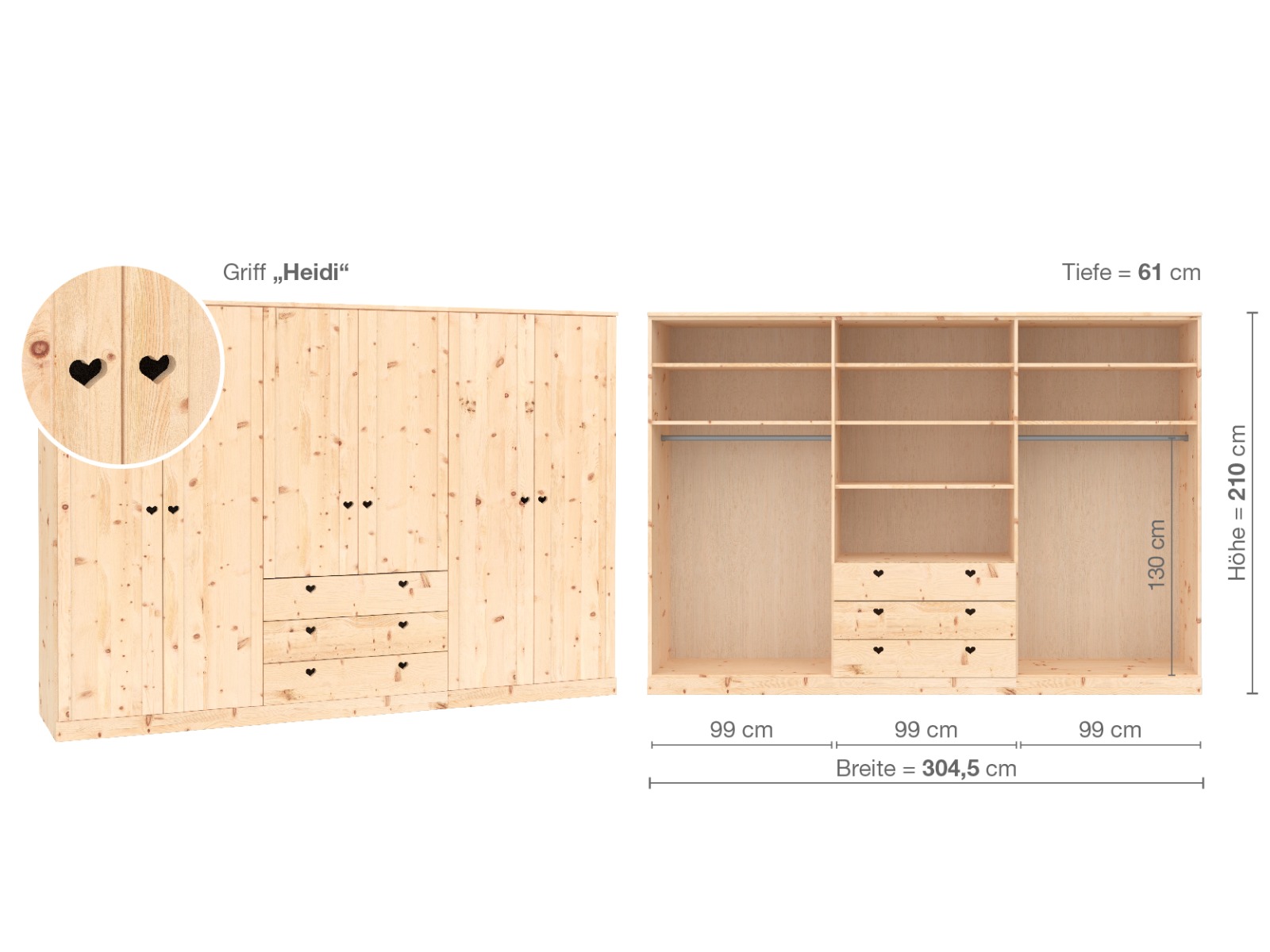 Zirbenschrank „Arnika“, 6-türig, Höhe 210 cm, Griffausführung „Heidi“, Inneneinrichtung D