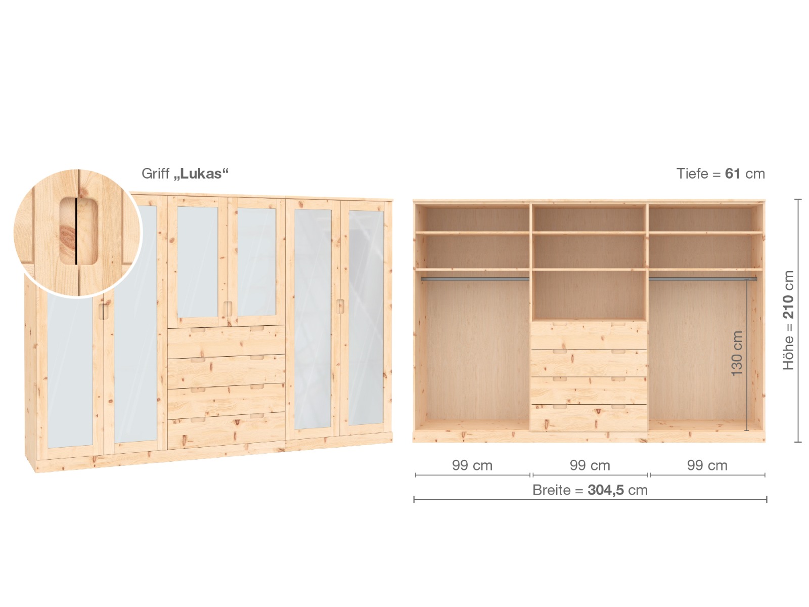 Zirbenschrank „Alpenrose“, 6-türig, Höhe 210 cm, Griffausführung „Lukas“, Inneneinrichtung  D