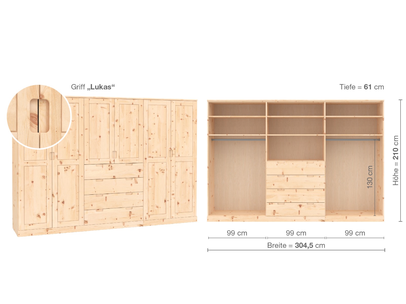 Zirbenschrank „Edelweiß“, 6-türig, Höhe 210 cm, Griffausführung „Lukas“, Inneneinrichtung D