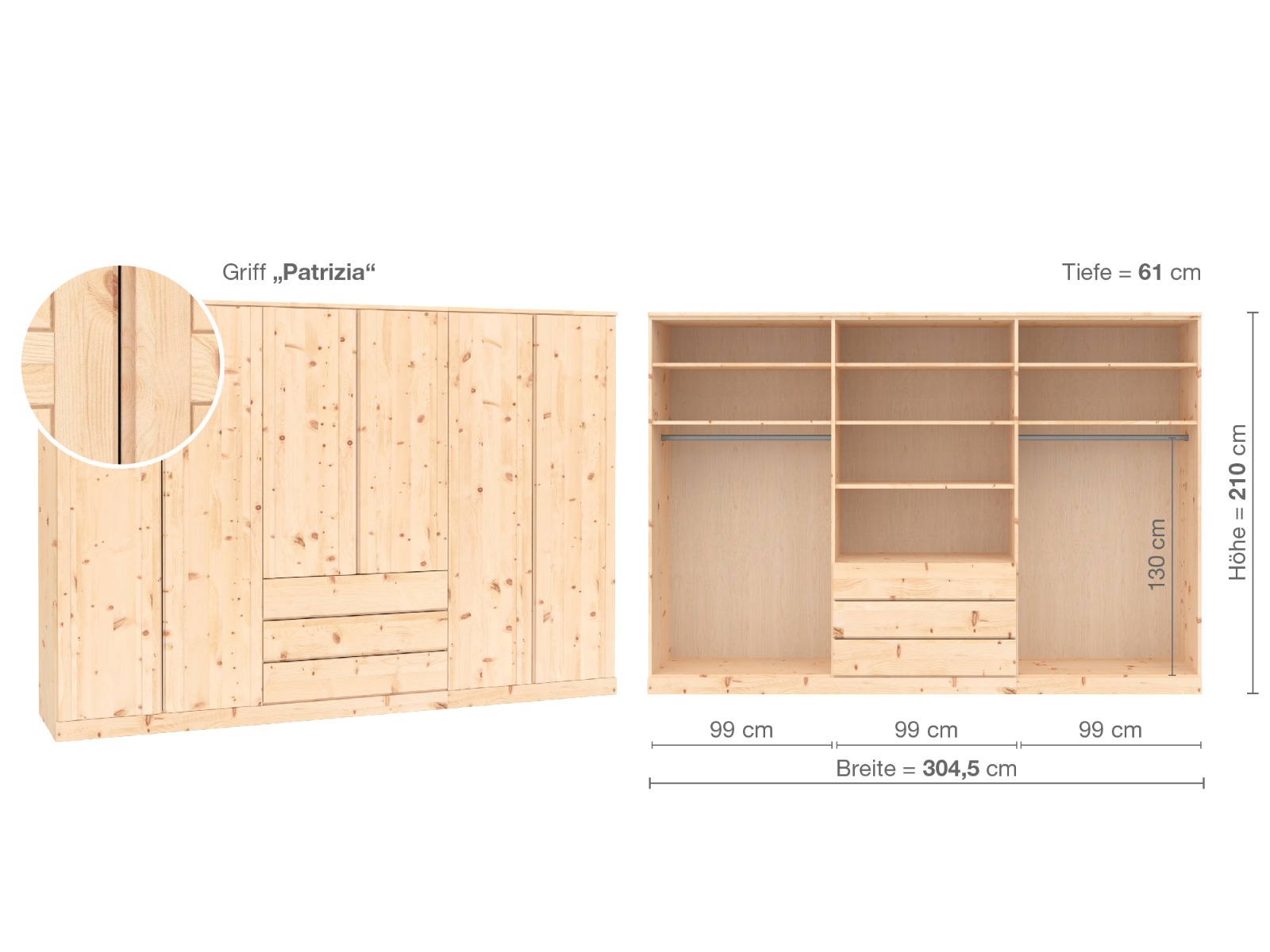 Zirbenschrank „Arnika“, 6-türig, Höhe 210 cm, Griffausführung „Patrizia“, Inneneinrichtung D