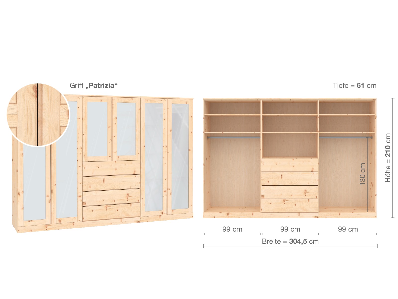 Zirbenschrank „Alpenrose“, 6-türig, Höhe 210 cm, Griffausführung „Patrizia“, Inneneinrichtung  D