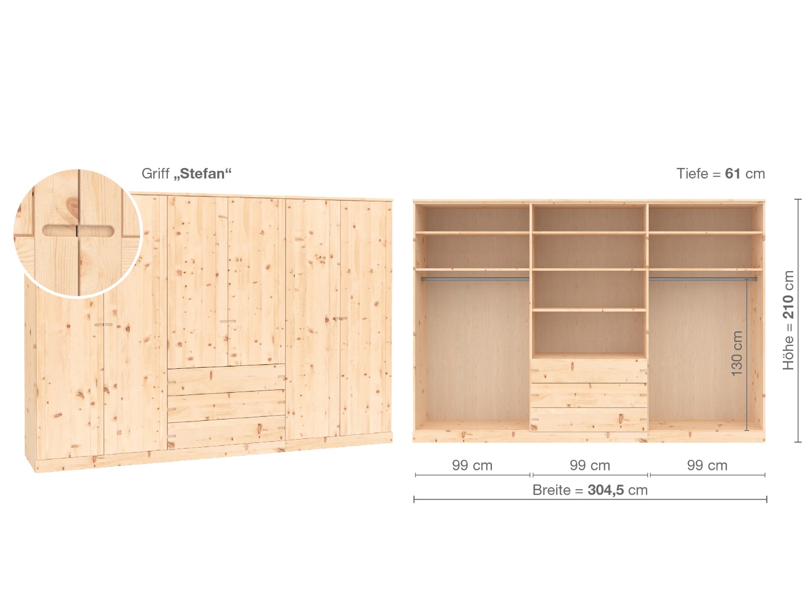 Zirbenschrank „Arnika“, 6-türig, Höhe 210 cm, Griffausführung „Stefan“, Inneneinrichtung D