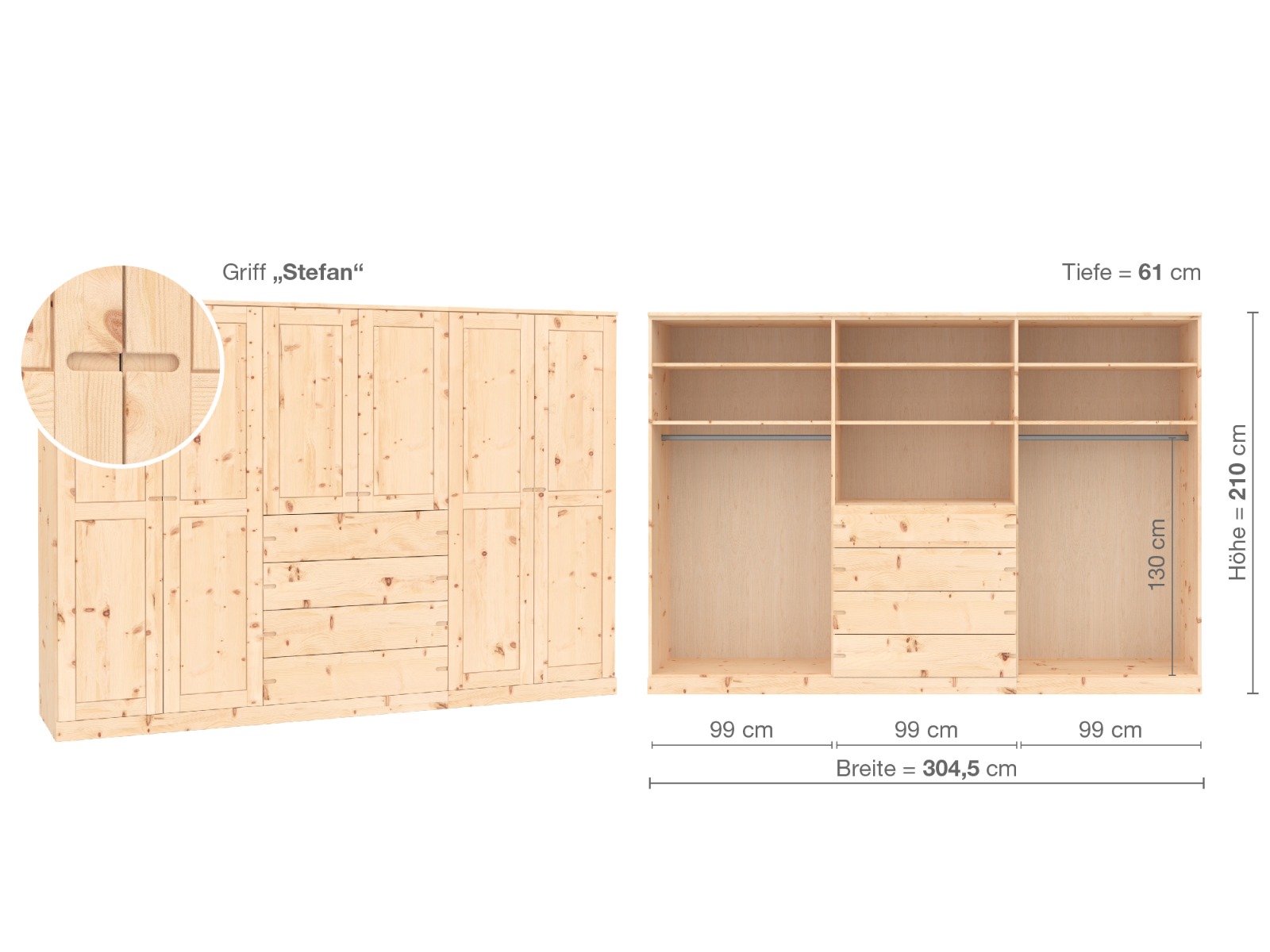 Zirbenschrank „Edelweiß“, 6-türig, Höhe 210 cm, Griffausführung „Stefan“, Inneneinrichtung D