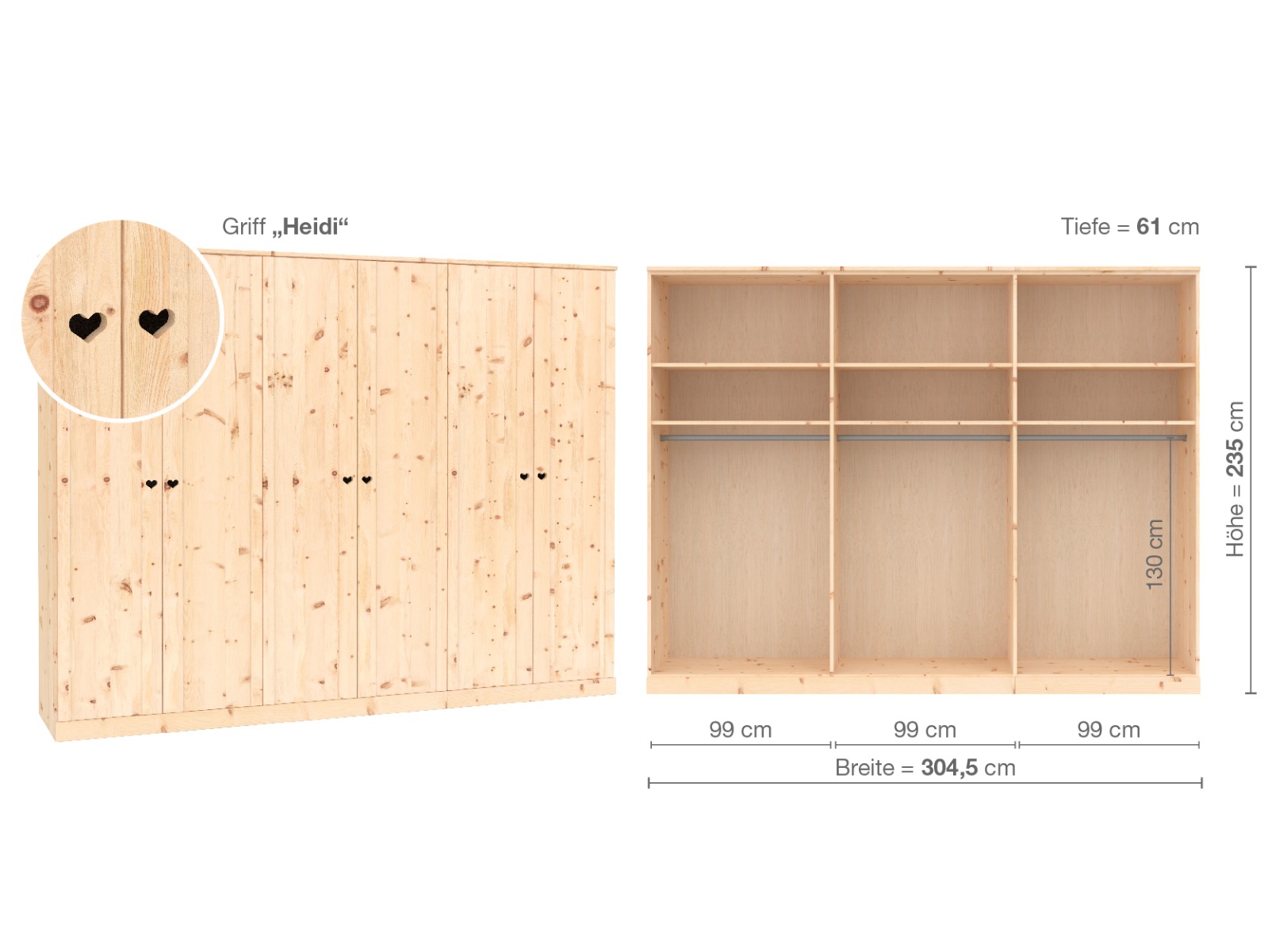 Zirbenschrank „Arnika“, 6-türig, Höhe 235 cm, Griffausführung „Heidi“, Inneneinrichtung A