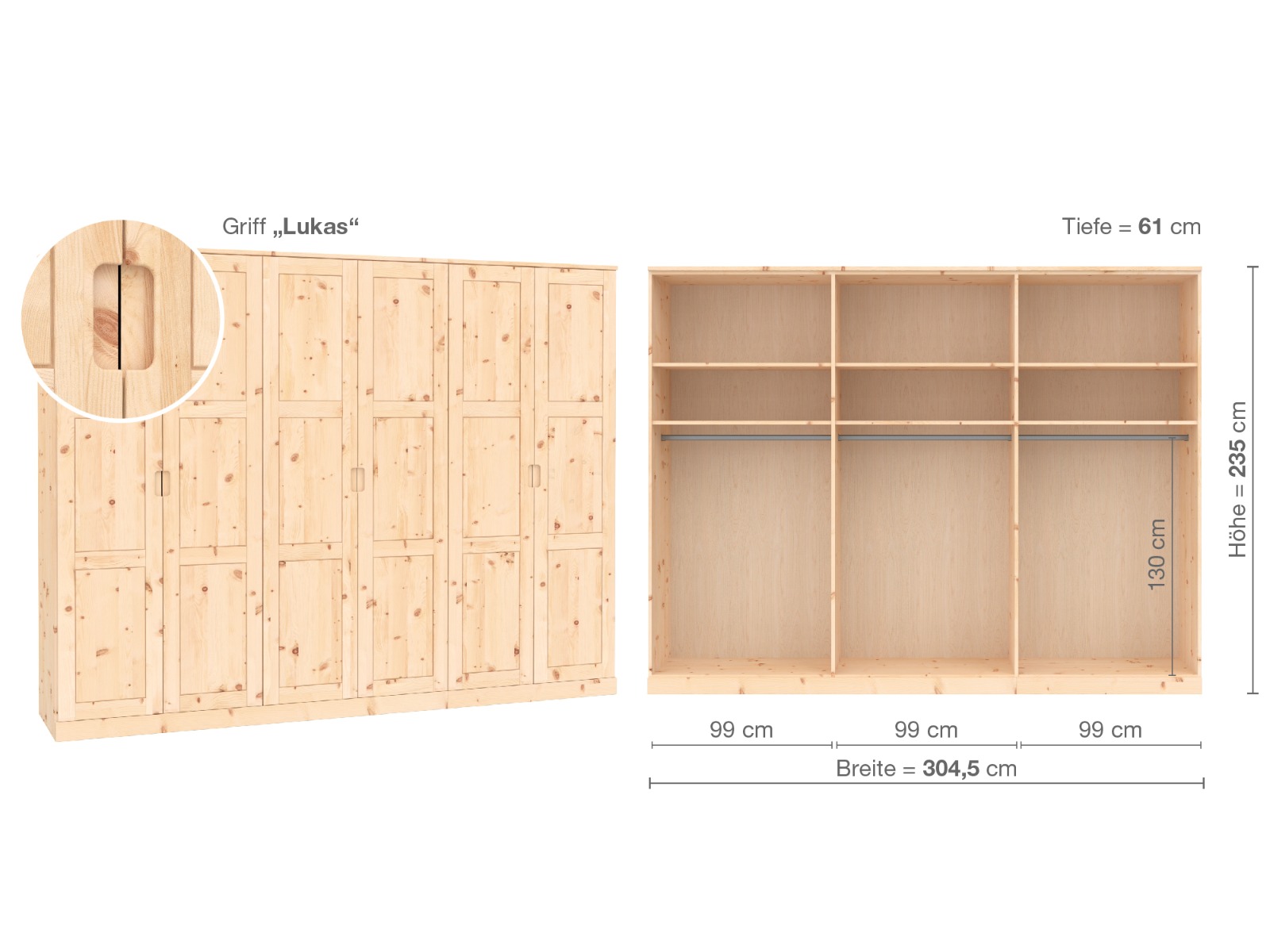 Zirbenschrank „Enzian“, 6-türig, Höhe 235 cm, Griffausführung „Lukas“, Inneneinrichtung A