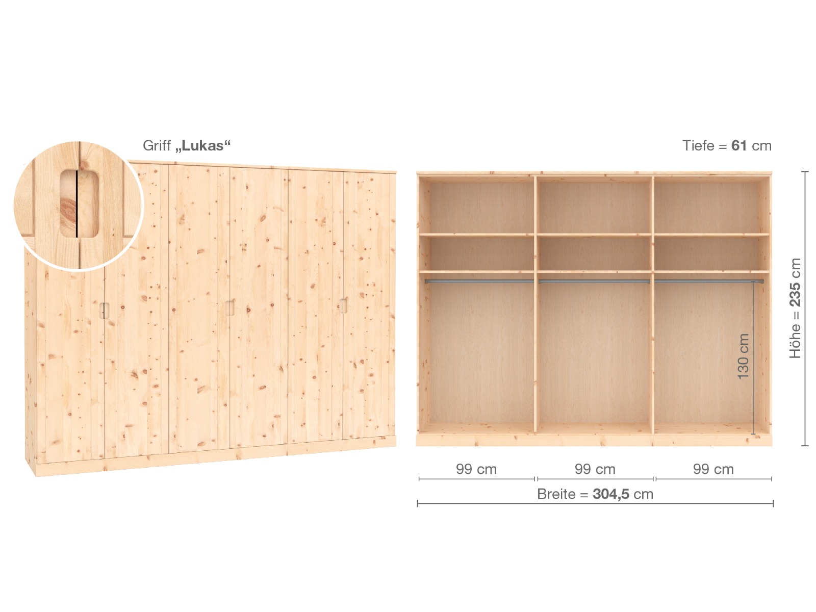 Zirbenschrank „Arnika“, 6-türig, Höhe 235 cm, Griffausführung „Lukas“, Inneneinrichtung A