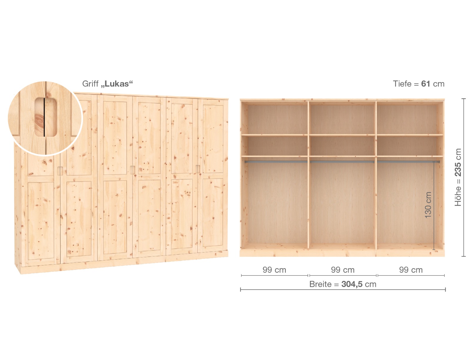 Zirbenschrank „Edelweiß“, 6-türig, Höhe 235 cm, Griffausführung „Lukas“, Inneneinrichtung A