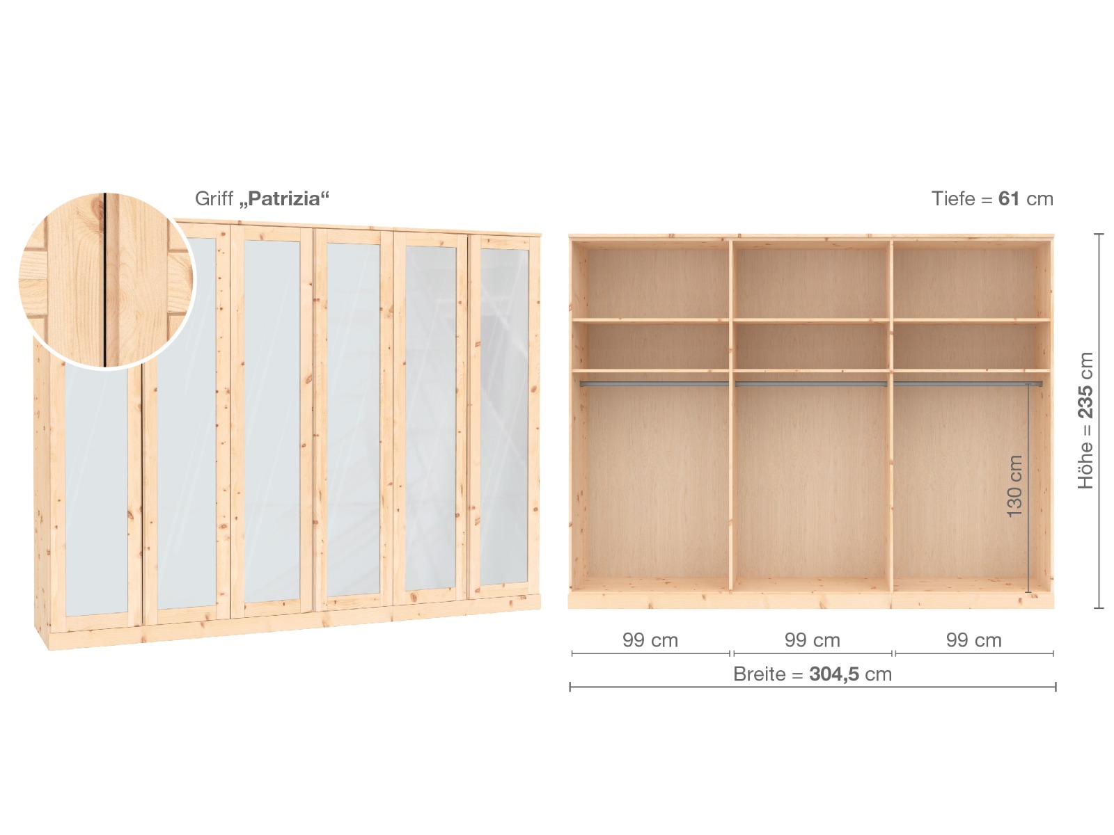 Zirbenschrank „Alpenrose“, 6-türig, Höhe 235 cm, Griffausführung „Patrizia“, Inneneinrichtung  A