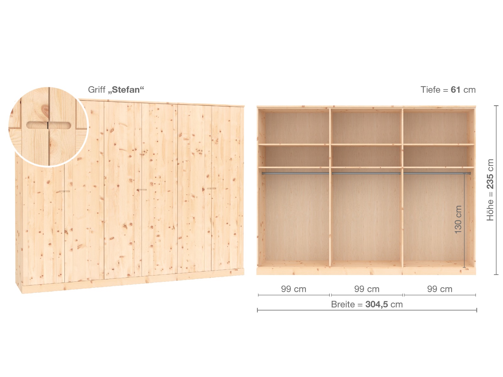 Zirbenschrank „Arnika“, 6-türig, Höhe 235 cm, Griffausführung „Stefan“, Inneneinrichtung A