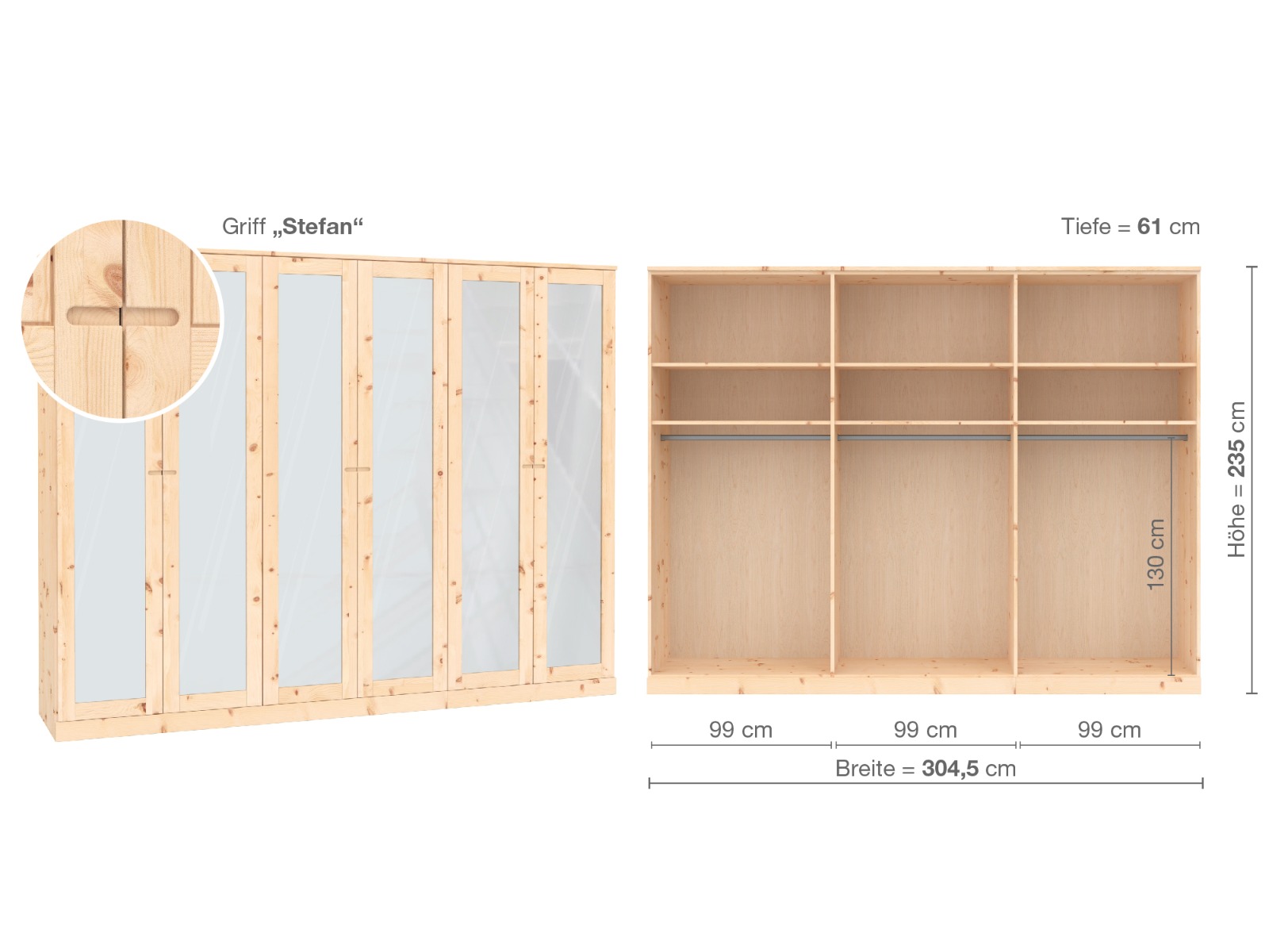 Zirbenschrank „Alpenrose“, 6-türig, Höhe 235 cm, Griffausführung „Stefan“, Inneneinrichtung  A