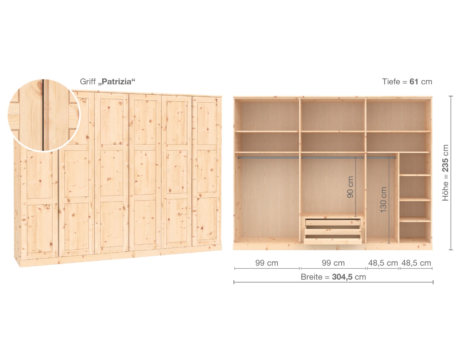Zirbenschrank „Enzian“, 6-türig, Höhe 235 cm, Griffausführung „Patrizia“, Inneneinrichtung B