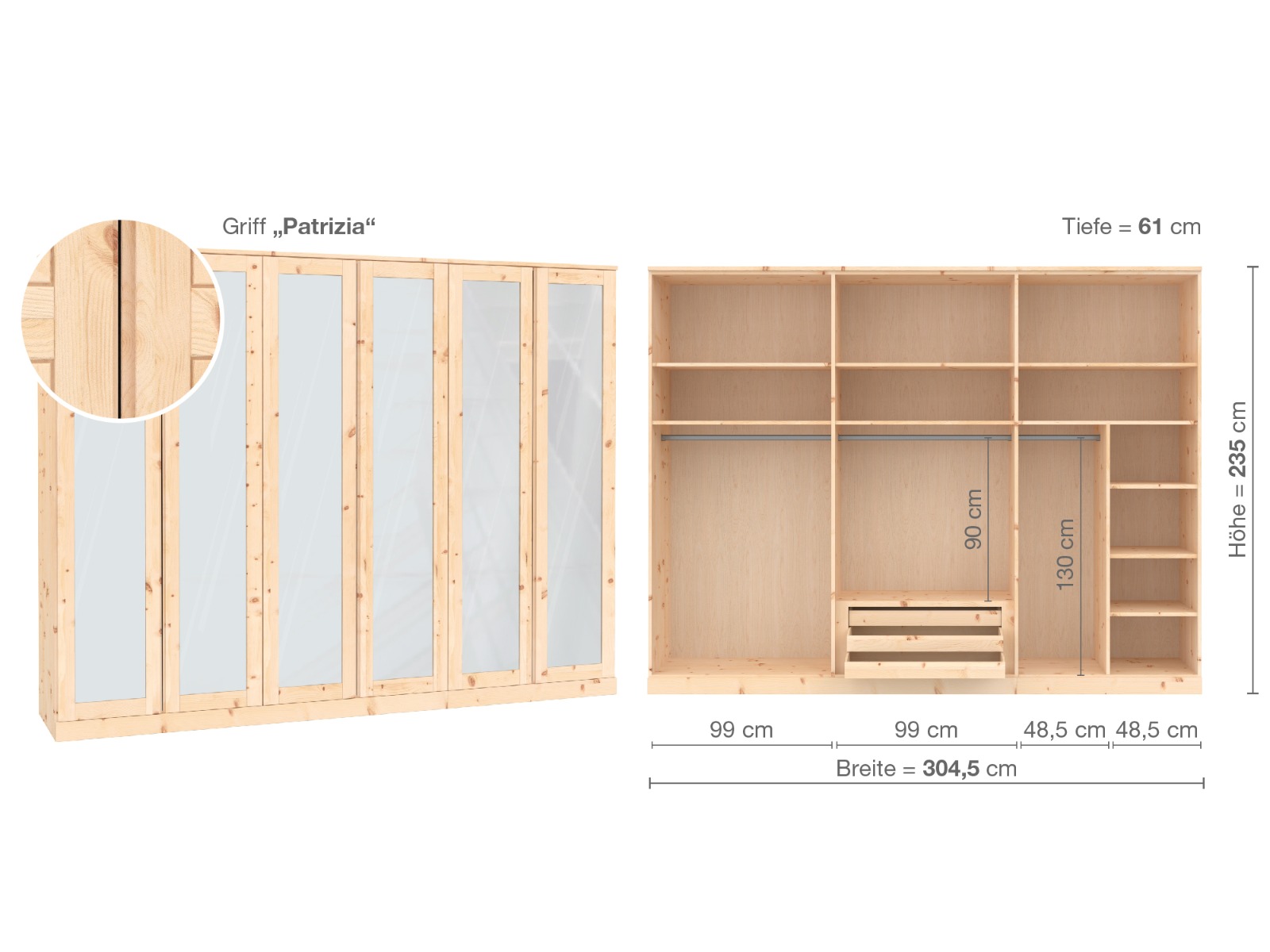 Zirbenschrank „Alpenrose“, 6-türig, Höhe 235 cm, Griffausführung „Patrizia“, Inneneinrichtung  B