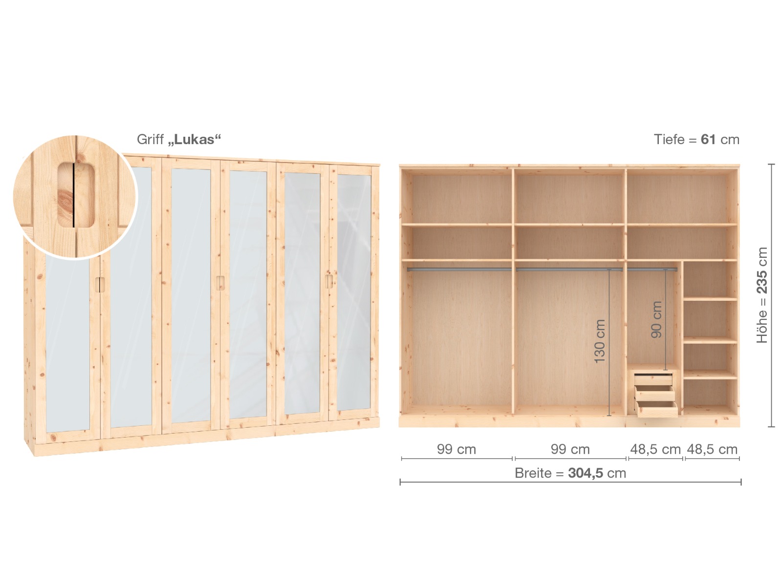 Zirbenschrank „Alpenrose“, 6-türig, Höhe 235 cm, Griffausführung „Lukas“, Inneneinrichtung  C