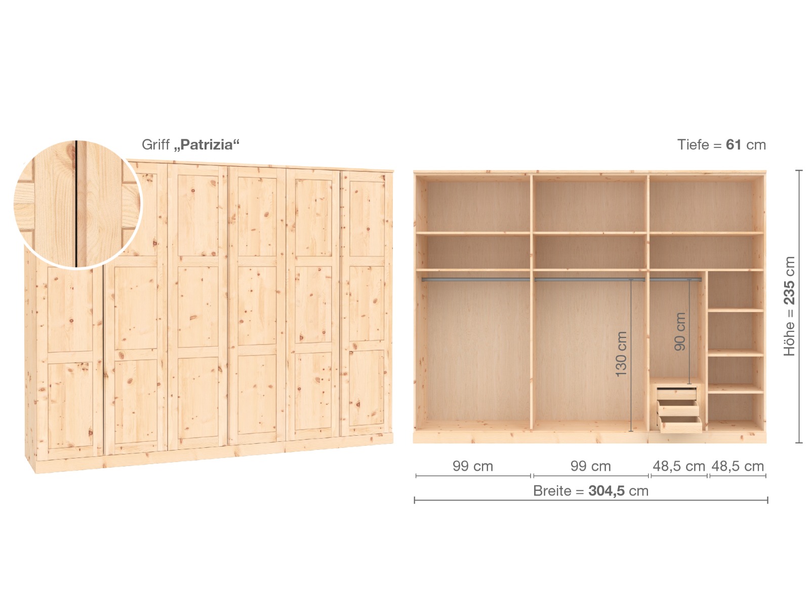 Zirbenschrank „Enzian“, 6-türig, Höhe 235 cm, Griffausführung „Patrizia“, Inneneinrichtung C