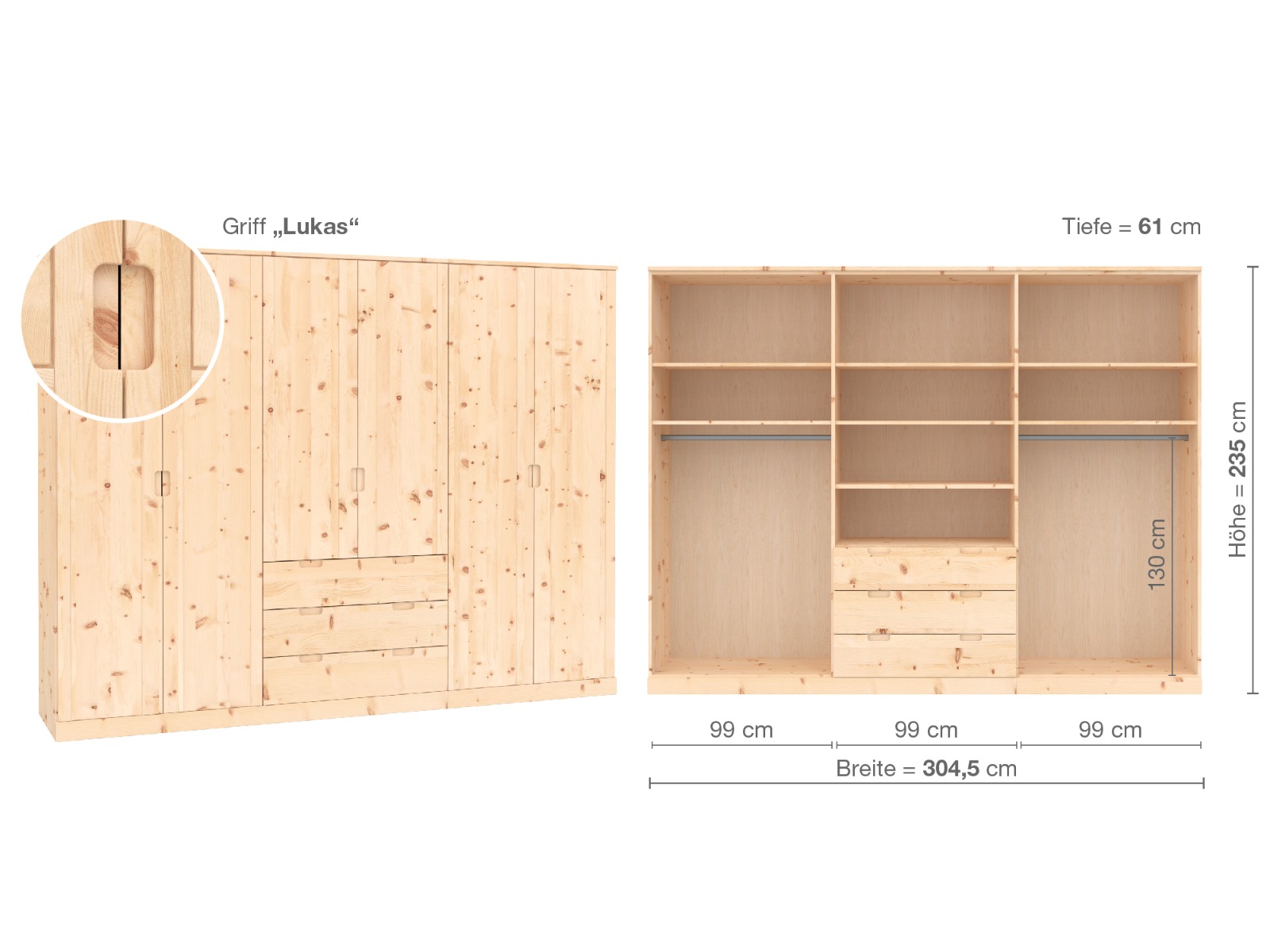 Zirbenschrank „Arnika“, 6-türig, Höhe 235 cm, Griffausführung „Lukas“, Inneneinrichtung D