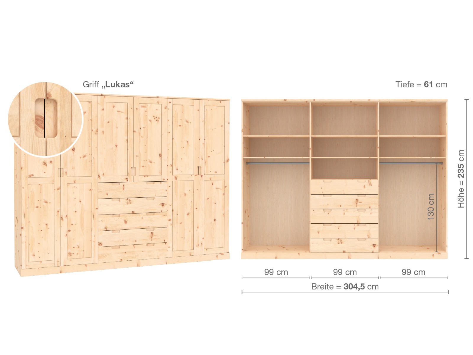 Zirbenschrank „Edelweiß“, 6-türig, Höhe 235 cm, Griffausführung „Lukas“, Inneneinrichtung D