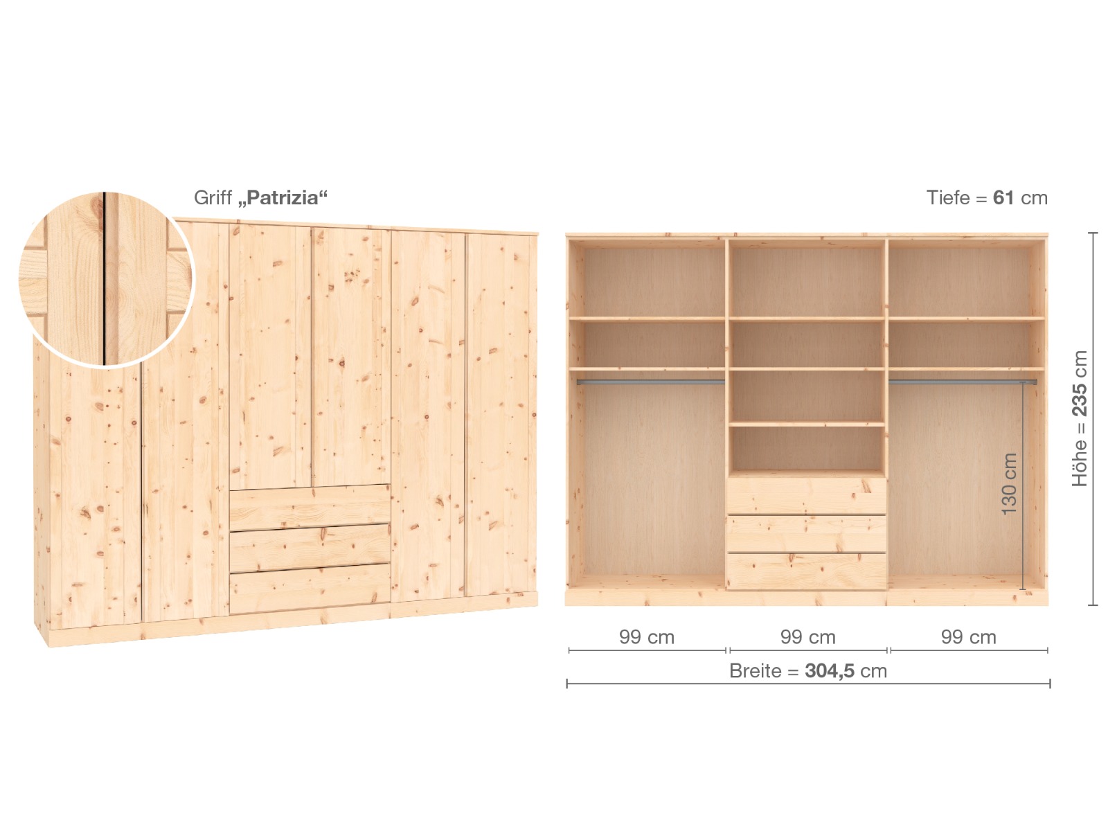 Zirbenschrank „Arnika“, 6-türig, Höhe 235 cm, Griffausführung „Patrizia“, Inneneinrichtung D