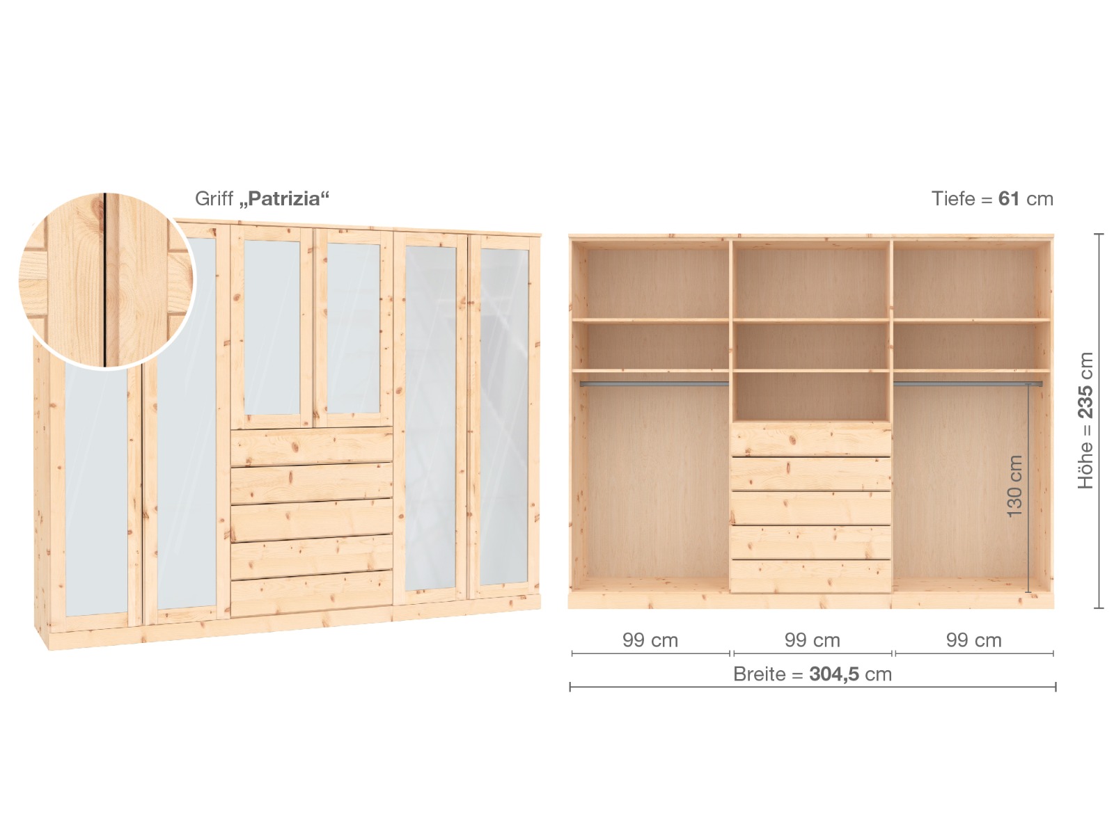 Zirbenschrank „Alpenrose“, 6-türig, Höhe 235 ​cm, Griffausführung „Patrizia“, Inneneinrichtung  D