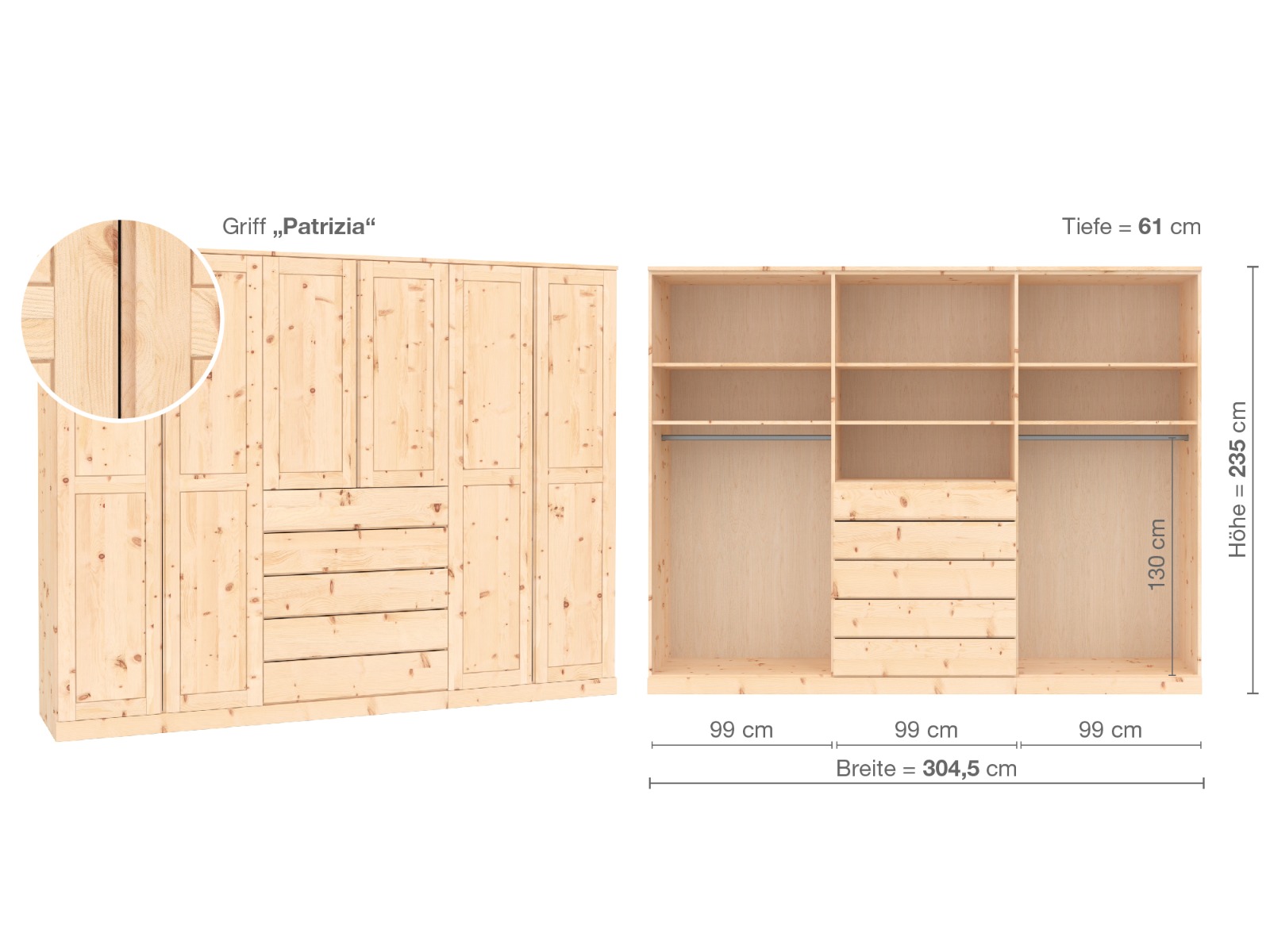 Zirbenschrank „Edelweiß“, 6-türig, Höhe 235 cm, Griffausführung „Patrizia“, Inneneinrichtung D