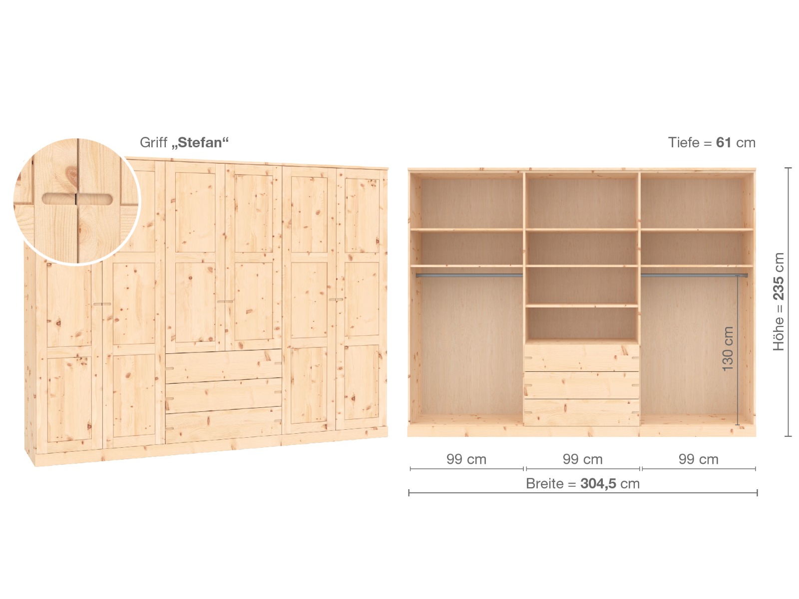 Zirbenschrank „Enzian“, 6-türig, Höhe 235 cm, Griffausführung „Stefan“, Inneneinrichtung D
