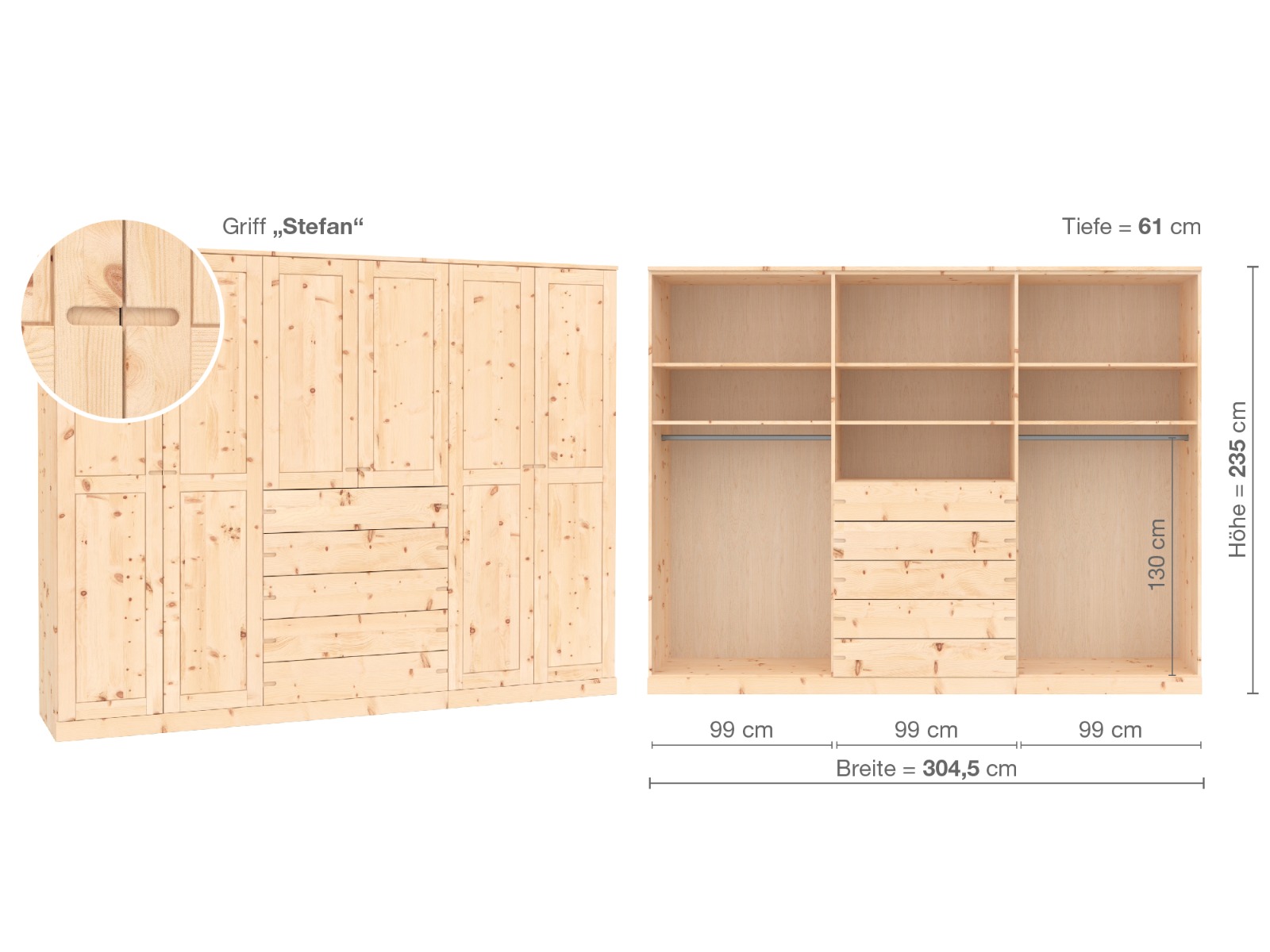 Zirbenschrank „Edelweiß“, 6-türig, Höhe 235 cm, Griffausführung „Stefan“, Inneneinrichtung D