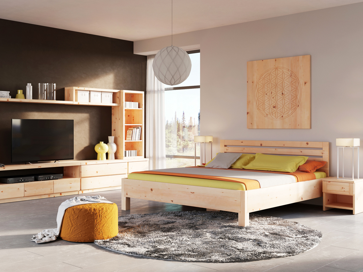 Schlafzimmer mit Nachtkästchen aus Zirbe „Susanne“ in Standardhöhe
