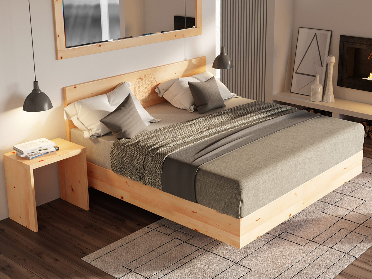 Zirbenschlafzimmer mit Zirbenbett „Lukas“ Boxspring mit Gravur