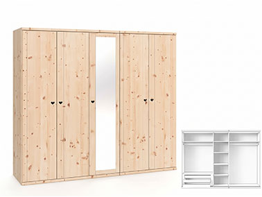 Zirbenschrank "Egon" 5-türig mit Spiegeltüre, Höhe 200 cm